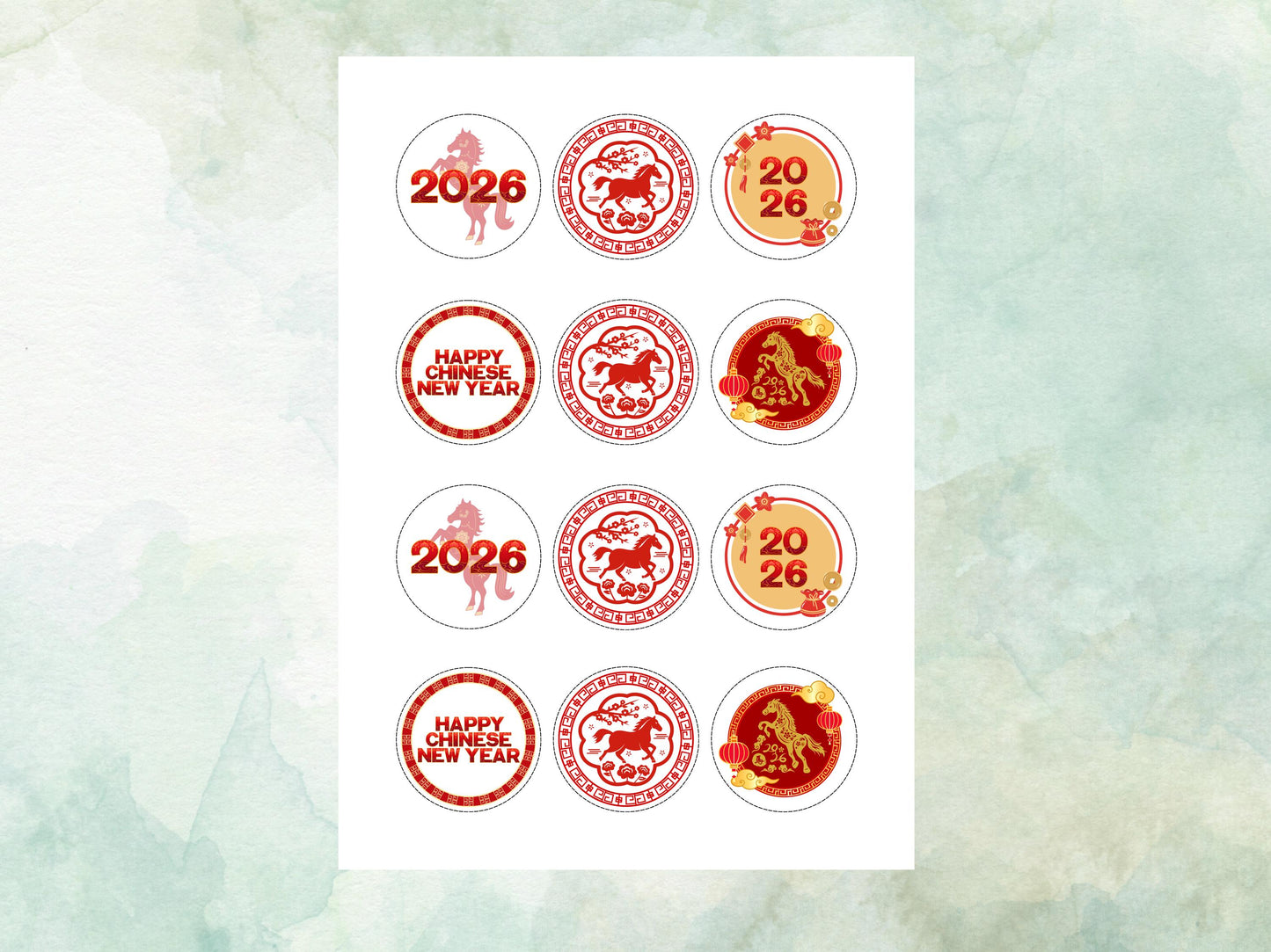 Chinese New Year Edible Cupcake Toppers 12 x 2" – Pre cut Wafer Paper, Card or Icing Sheet