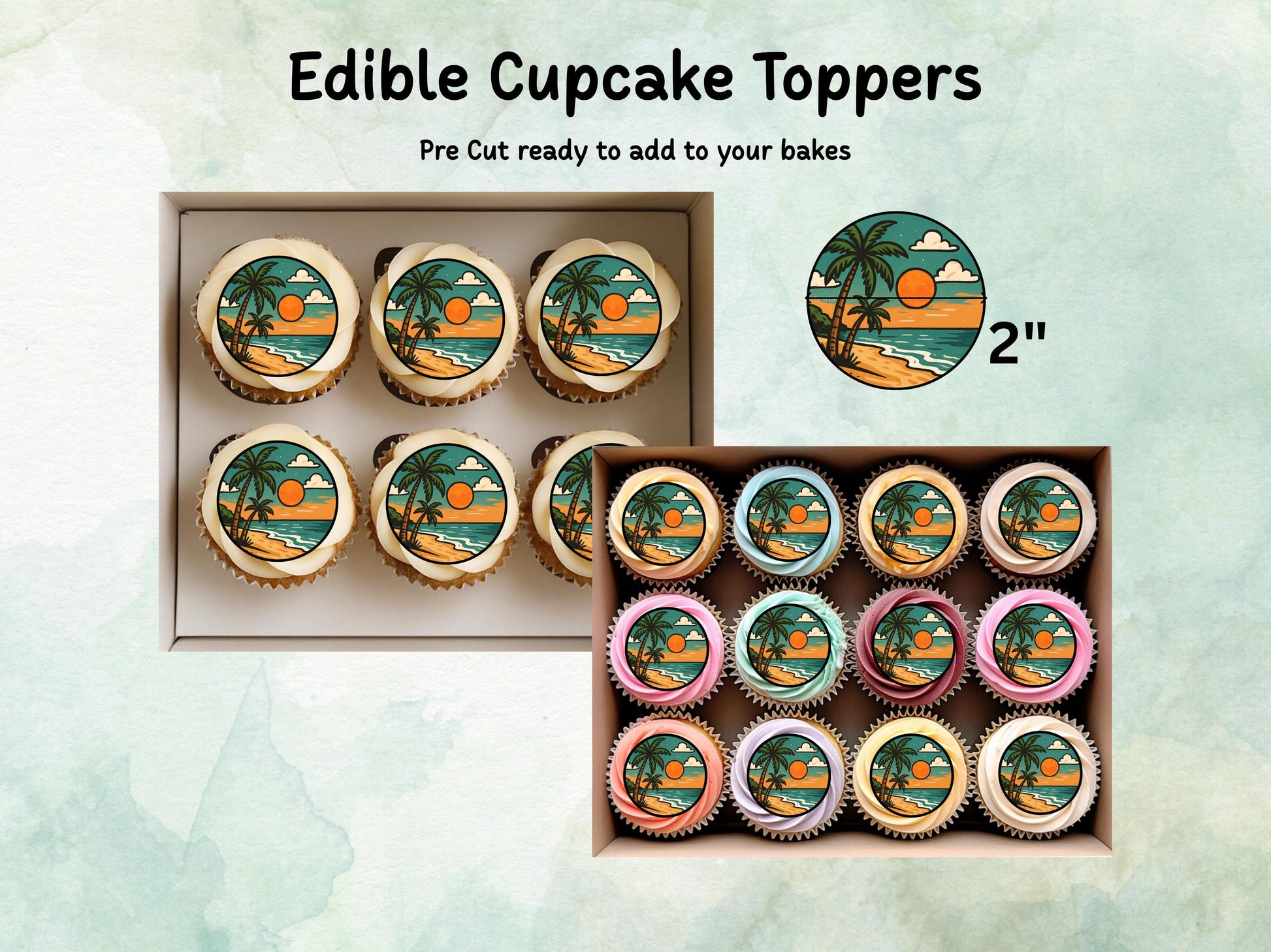 Tropical Beach Edible Cupcake Toppers – Coastal Cake Images