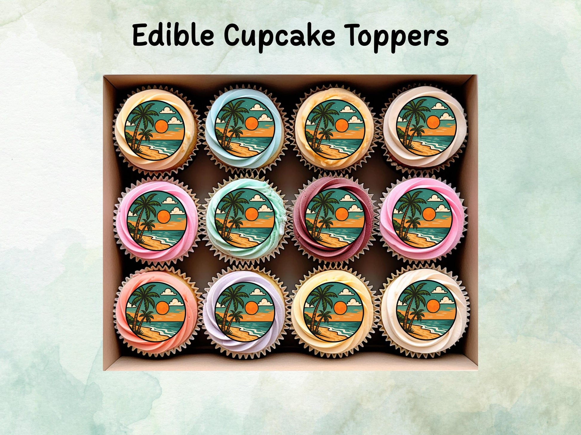 Tropical Beach Edible Cupcake Toppers – Coastal Cake Images