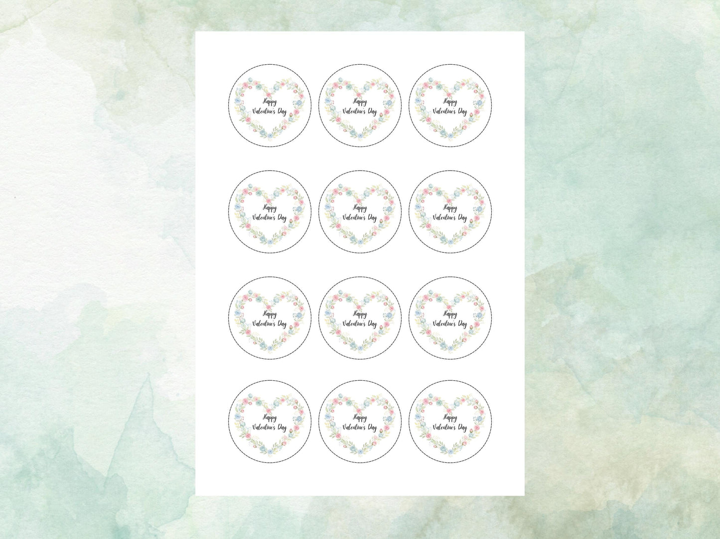 Happy Valentines Day Floral Heart Edible Cupcake Toppers 12 x 2"