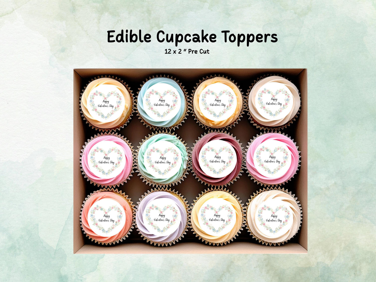 Happy Valentines Day Floral Heart Edible Cupcake Toppers 12 x 2"