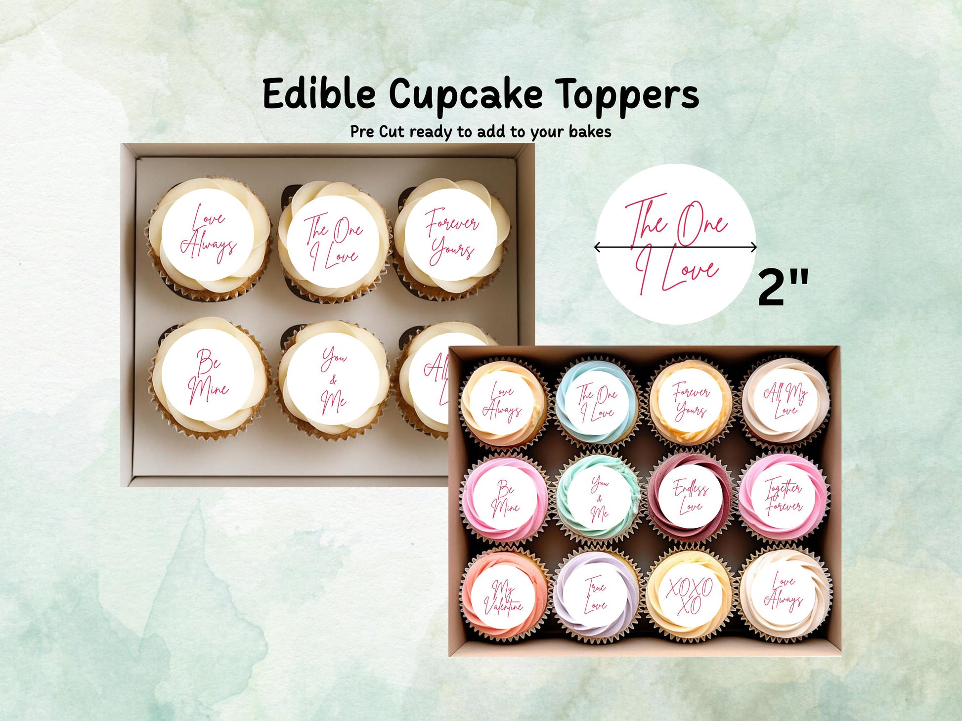 Valentines Edible Cupcake Toppers 12 x 2", love message toppers