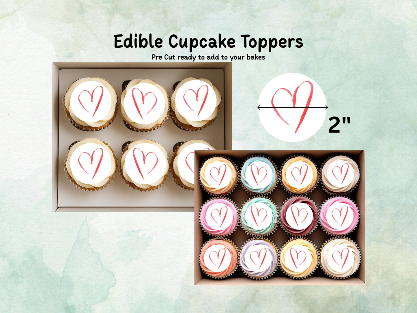 Love Heart Edible Cupcake Toppers 12 x 2", Valentines Cake Topper