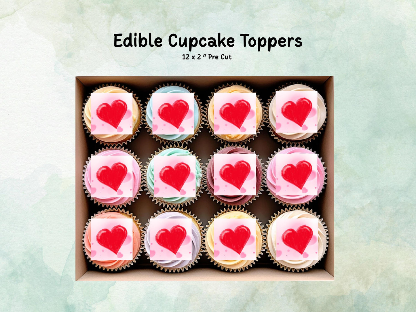 Love Heart Edible Cupcake Toppers 12 x 2" Squares, Valentines Cake Topper