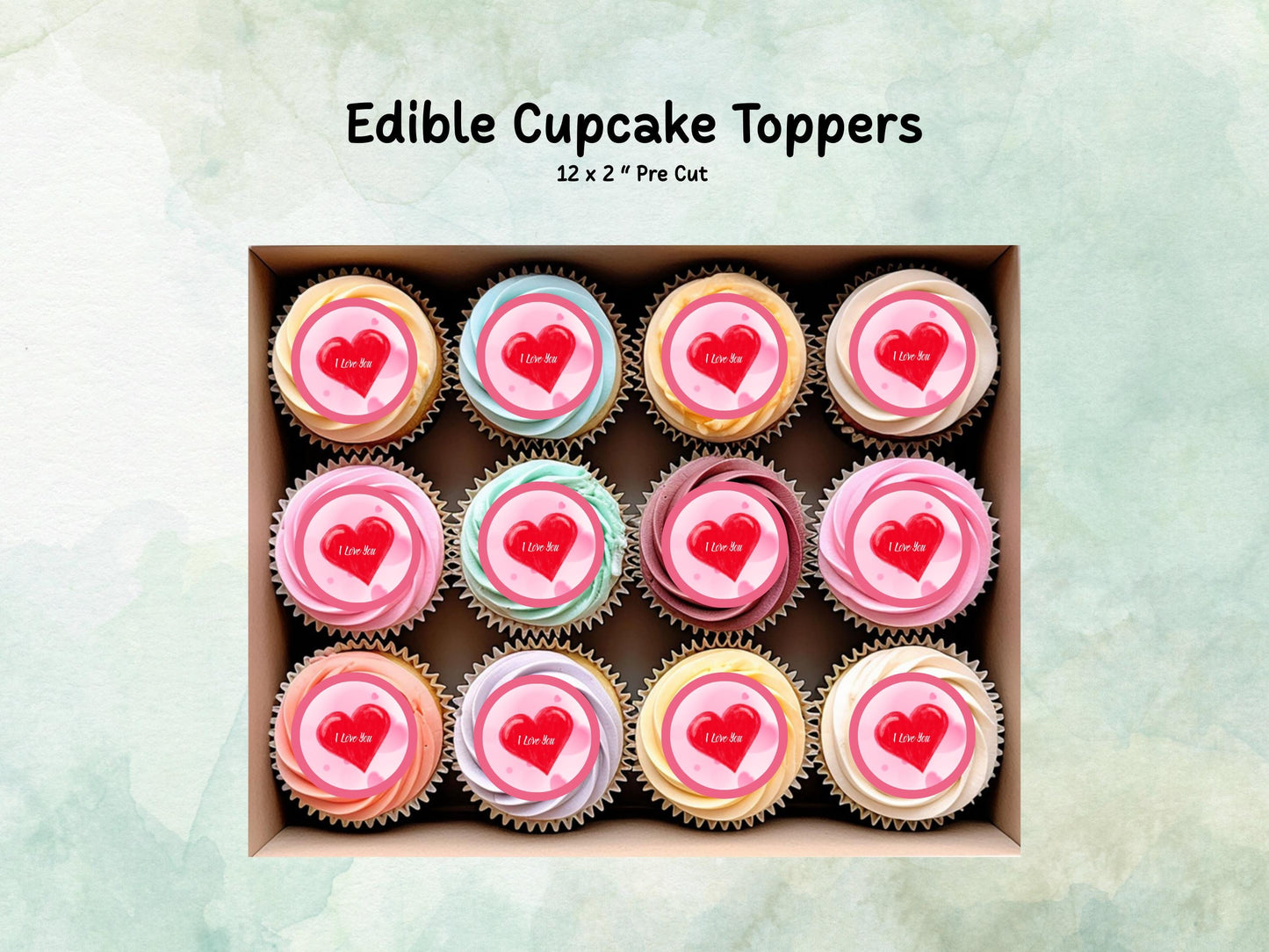 Heart Valentines Day Edible Cupcake Toppers, I Love You Valentine Toppers