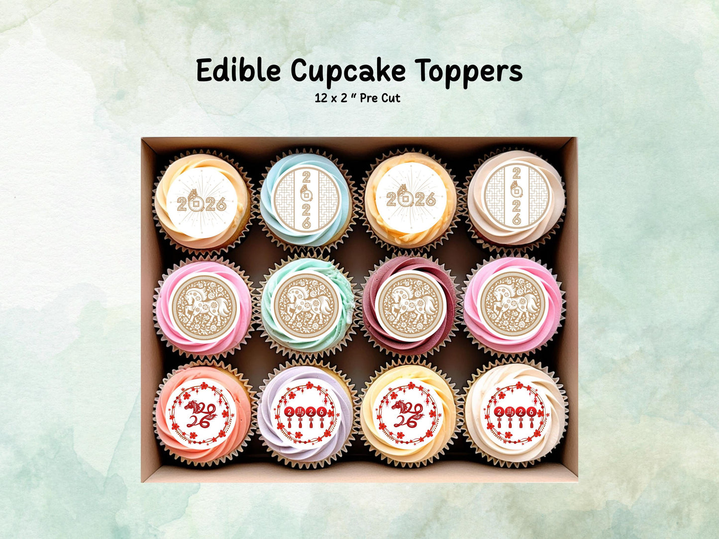 Chinese New Year Edible Cupcake Toppers 12 x 2" – Pre cut Wafer Paper, Card or Icing Sheet