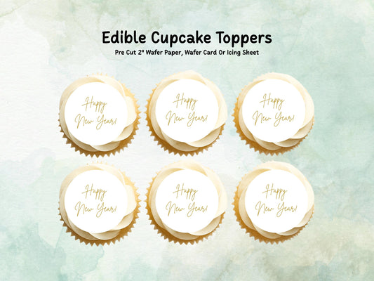 Happy New Year Edible Cupcake Toppers 12 x 2"– Pre cut Wafer Paper, Card or Icing Sheet