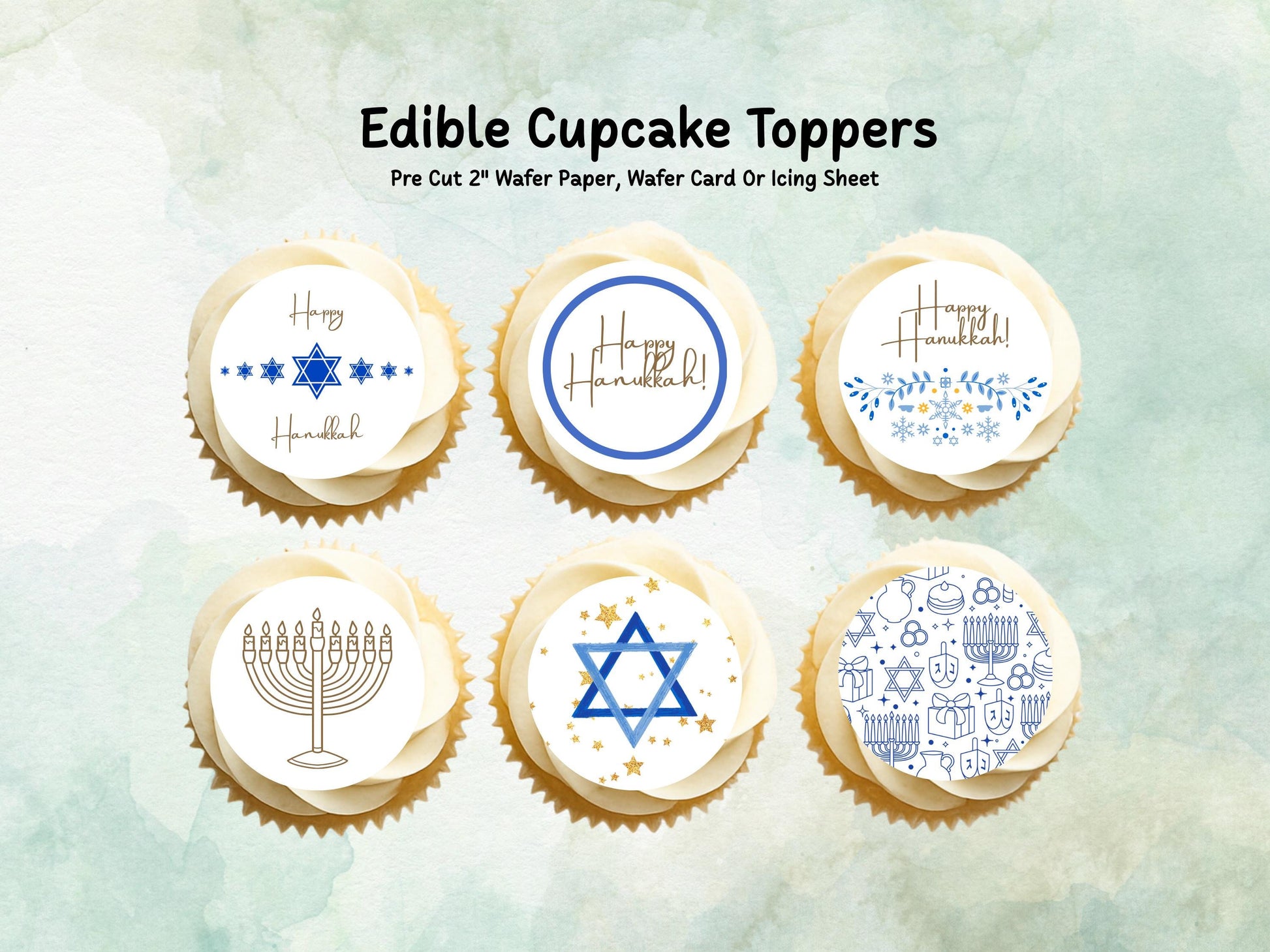 Happy Hanukkah Edible Cupcake Toppers 12 x 2" – Pre cut Wafer Paper, Card or Icing Sheet, Hanukkah Cake Decorations