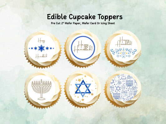 Happy Hanukkah Edible Cupcake Toppers 12 x 2" – Pre cut Wafer Paper, Card or Icing Sheet, Hanukkah Cake Decorations