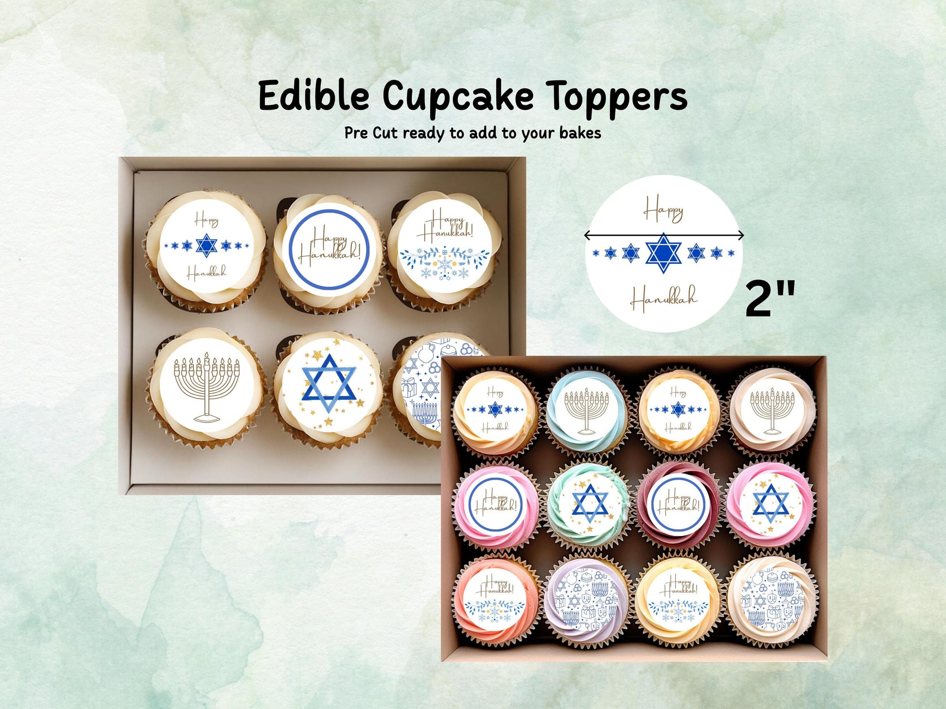 Happy Hanukkah Edible Cupcake Toppers 12 x 2" – Pre cut Wafer Paper, Card or Icing Sheet, Hanukkah Cake Decorations