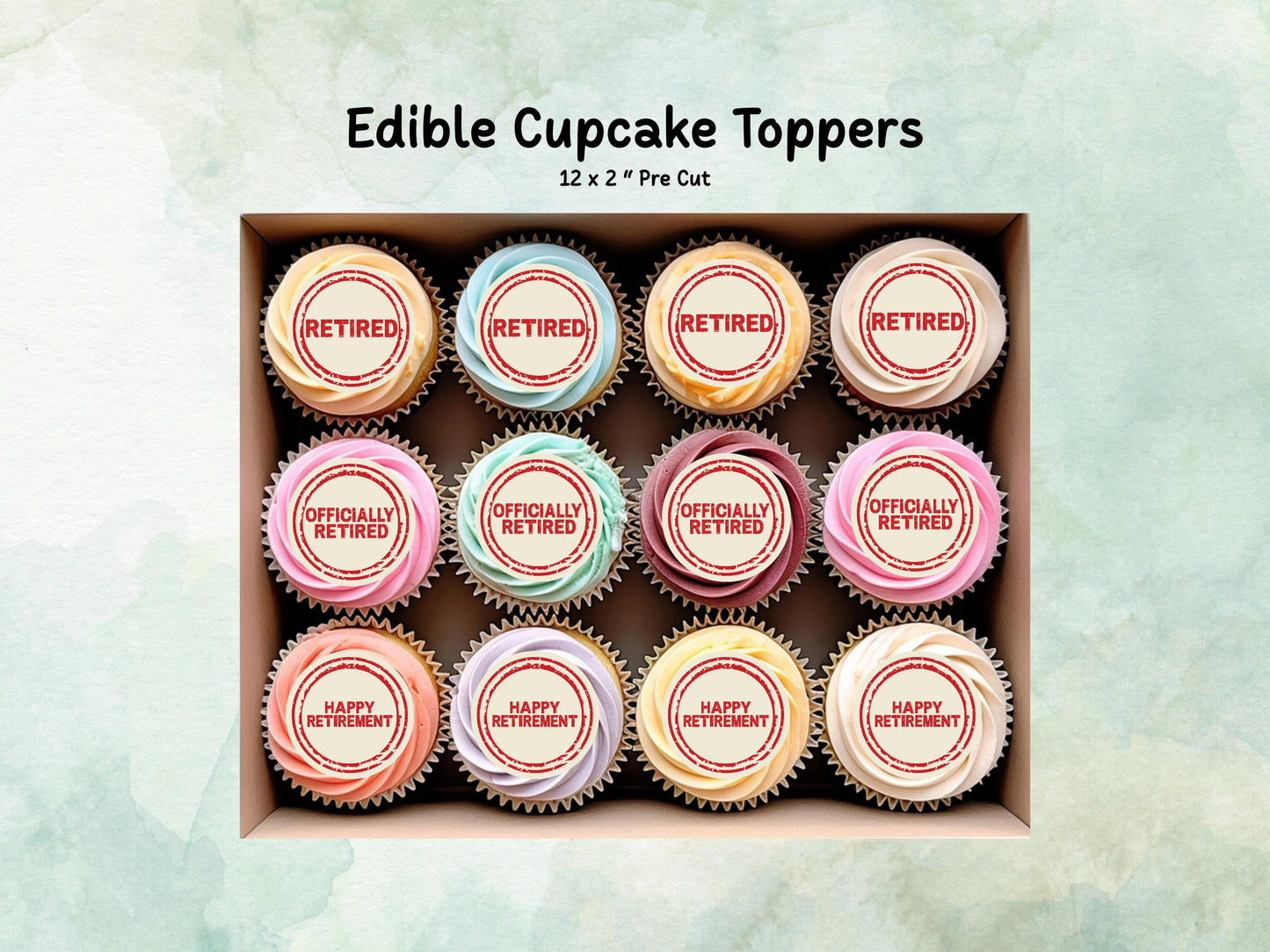 Retirement Edible Cupcake Toppers 12 x 2" Precut Wafer Paper, Card or Icing Sheet