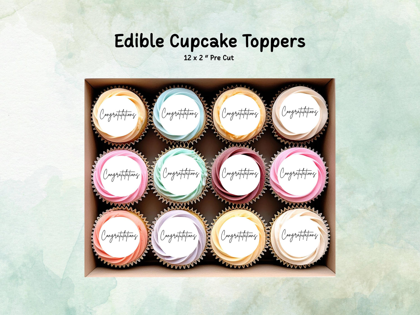 Congratulations Edible Cupcake Toppers 12 x 2" – Pre cut Wafer Paper, Card or Icing Sheet, Engagement Cake Topper, Well Done Cake Topper