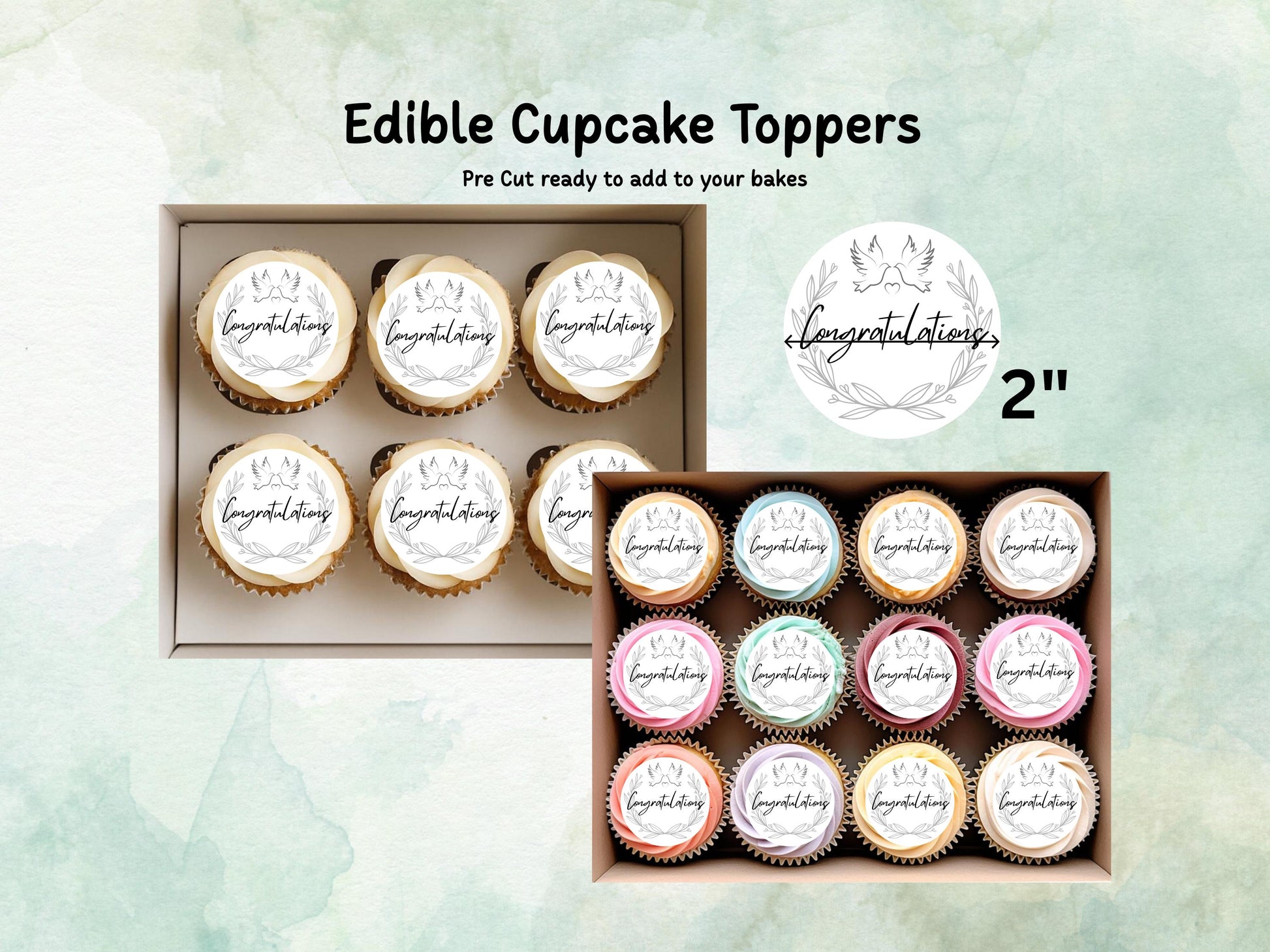 Congratulations Edible Cupcake Toppers 12 x 2" – Pre cut Wafer Paper, Card or Icing Sheet, Engagement Cake Topper, Well Done Cake Topper