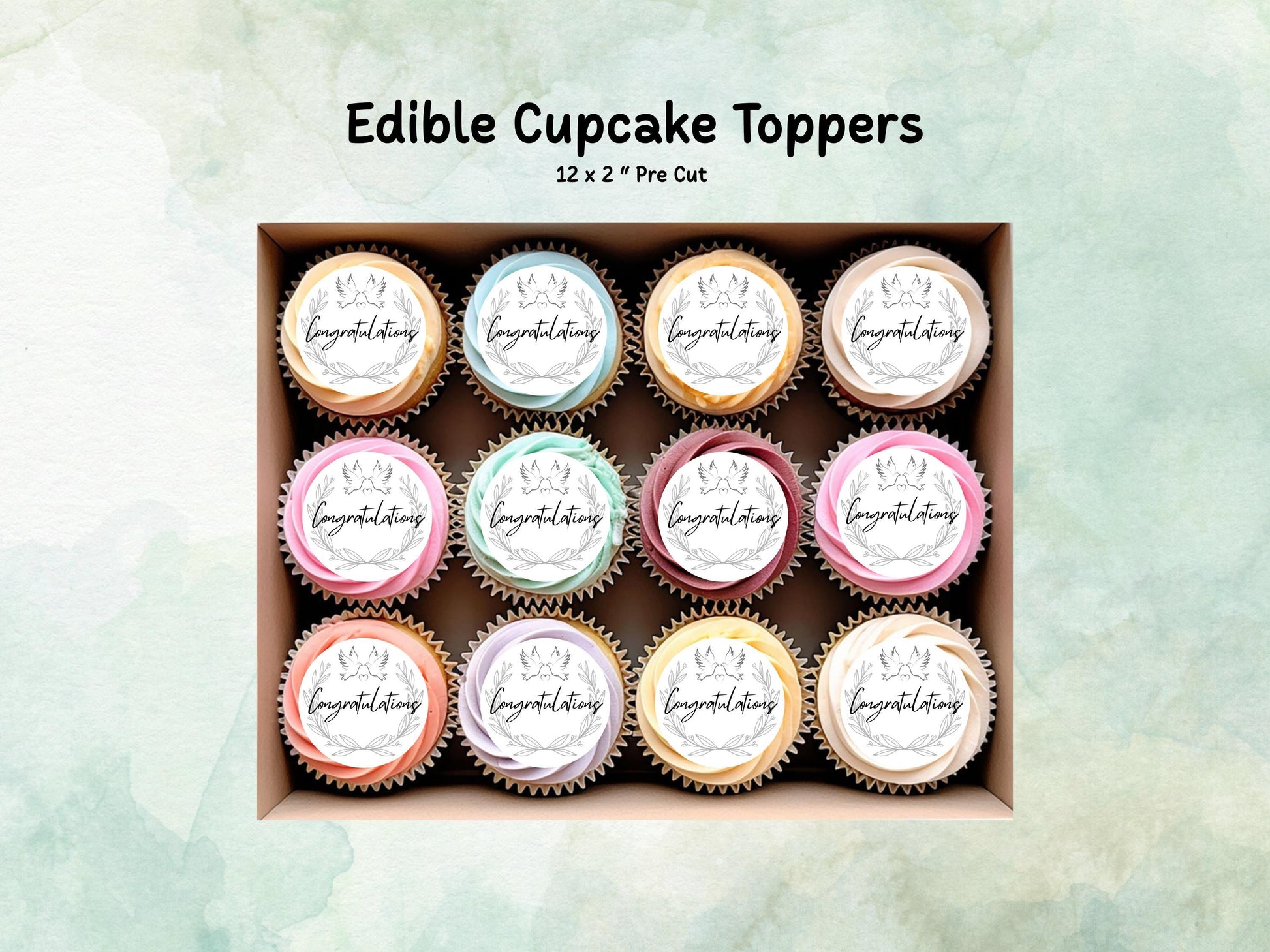 Congratulations Edible Cupcake Toppers 12 x 2" – Pre cut Wafer Paper, Card or Icing Sheet, Engagement Cake Topper, Well Done Cake Topper