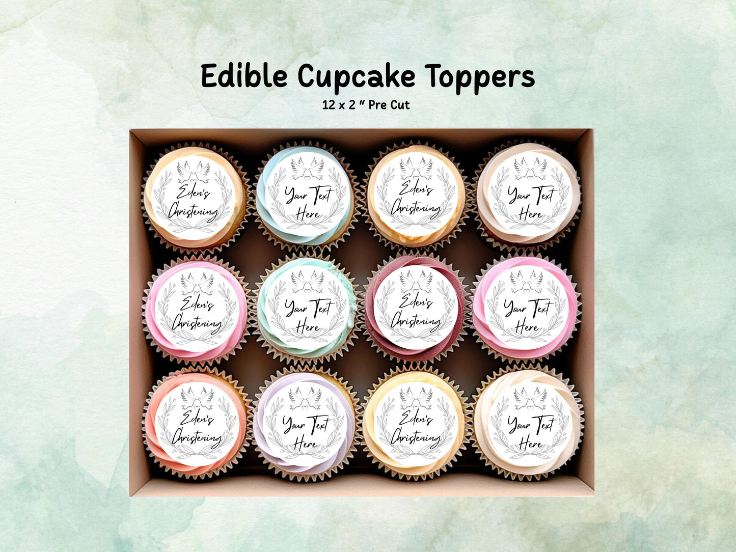 Personalised Edible Cupcake Toppers 12 x 2" – Pre cut Wafer Paper, Card or Icing Sheet, Christening Cake Topper, Baptism Cake Topper