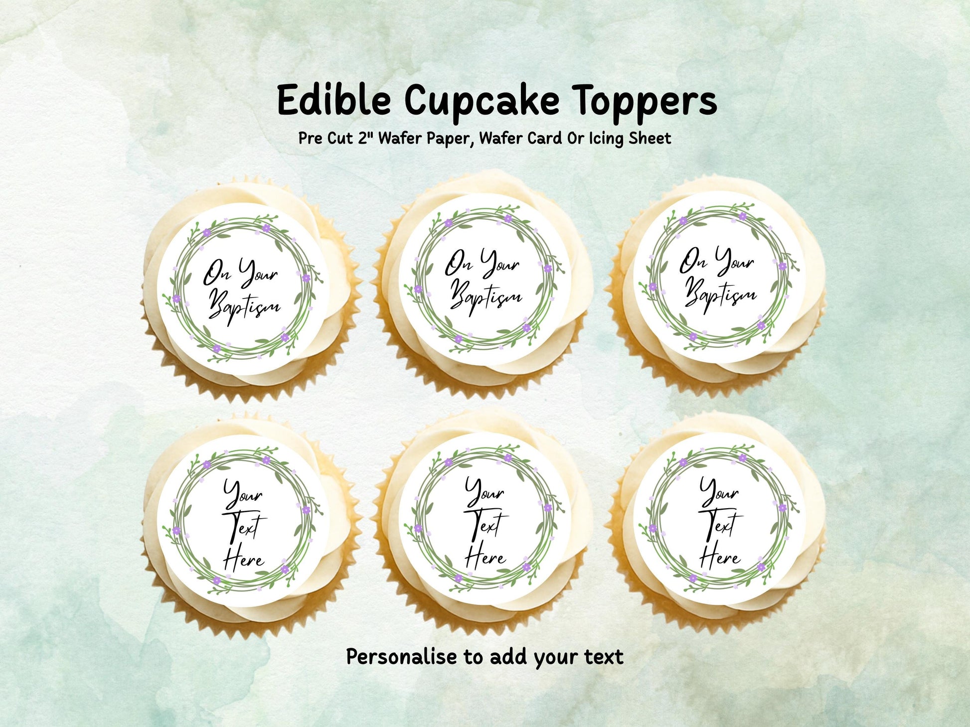 Personalised Edible Cupcake Toppers 12 x 2" – Pre cut Wafer Paper, Card or Icing Sheet, Christening Cake Topper, Baptism Cake Topper