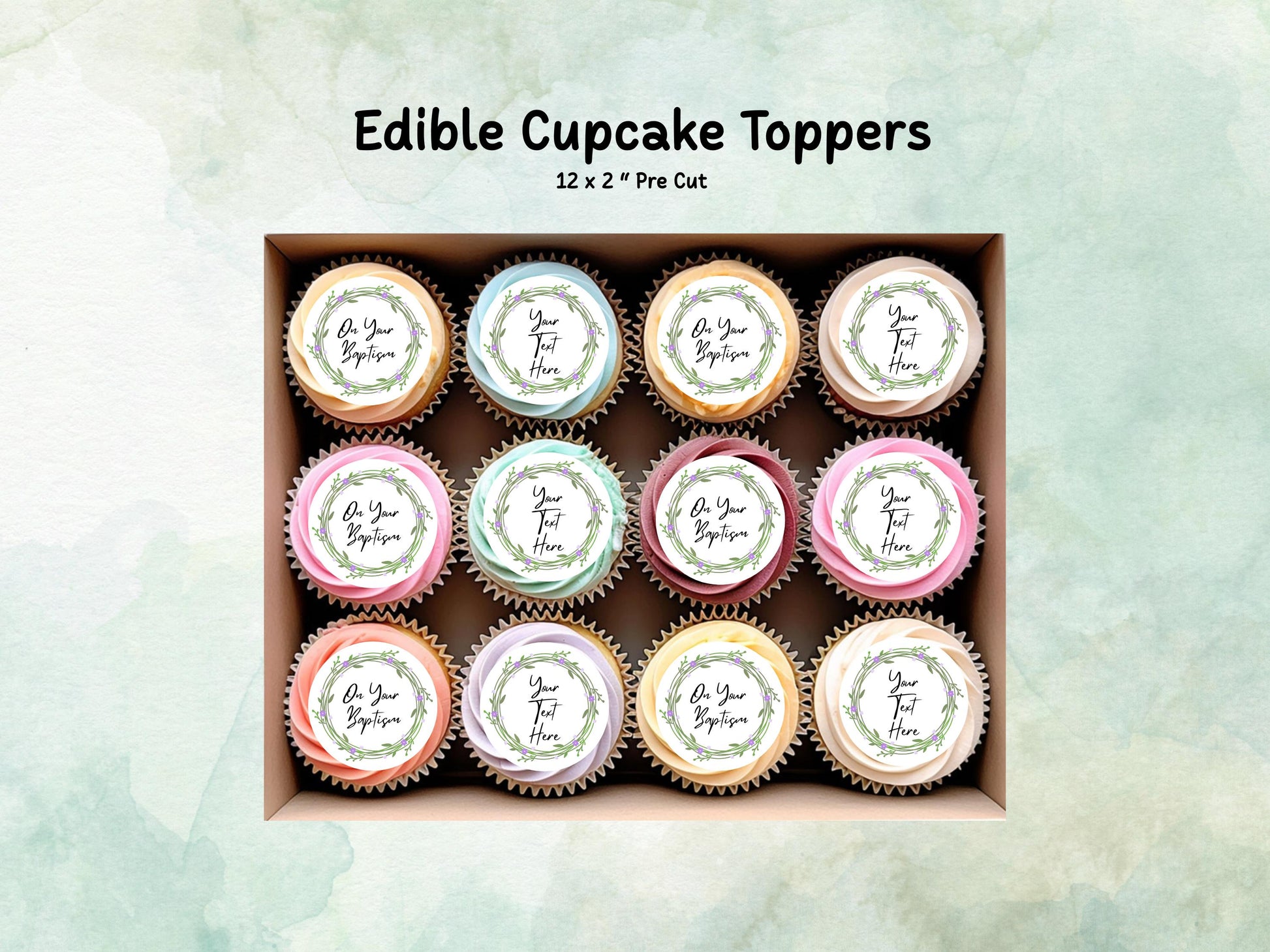 Personalised Edible Cupcake Toppers 12 x 2" – Pre cut Wafer Paper, Card or Icing Sheet, Christening Cake Topper, Baptism Cake Topper