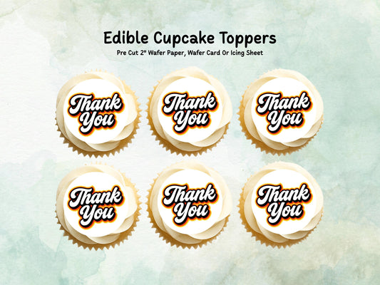 Thank You Edible Cupcake Toppers 12 x 2"– Pre cut Wafer Paper, Card or Icing Sheet, Cookies, Cake