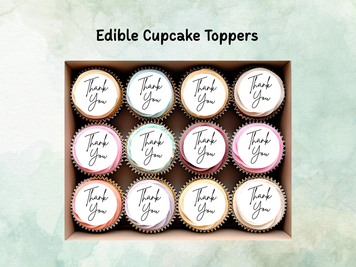 Thank You Edible Cupcake Toppers 12 x 2"– Pre cut Wafer Paper, Card or Icing Sheet, Elegant Thank You Cake Decoration