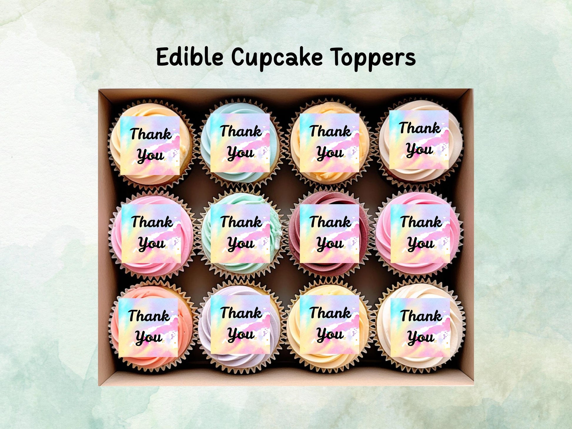Thank You Edible Cupcake Toppers 12 x 2"– Pre cut Wafer Paper, Card or Icing Sheet, Rainbow Thank You Cake Decoration