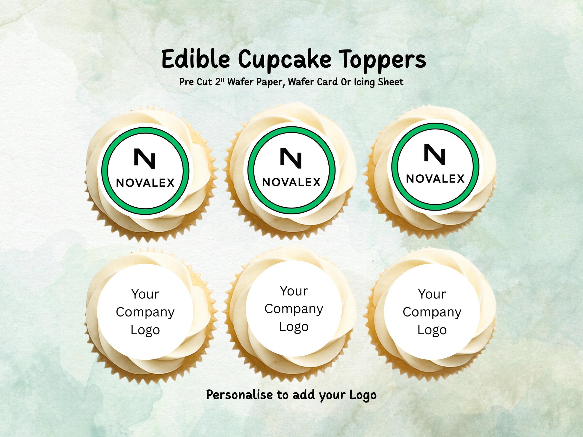 Company Logo Edible Cupcake Toppers 12 x 2" Pre cut Wafer Paper, Card or Icing Sheet, Personalised Image