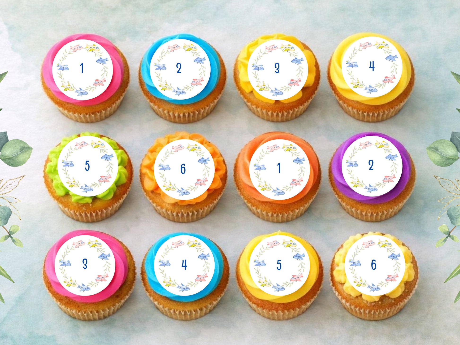 Custom Airplane Birthday Cupcake Toppers: Edible Wafer Paper, Card, or Icing sheet (12 x 2")