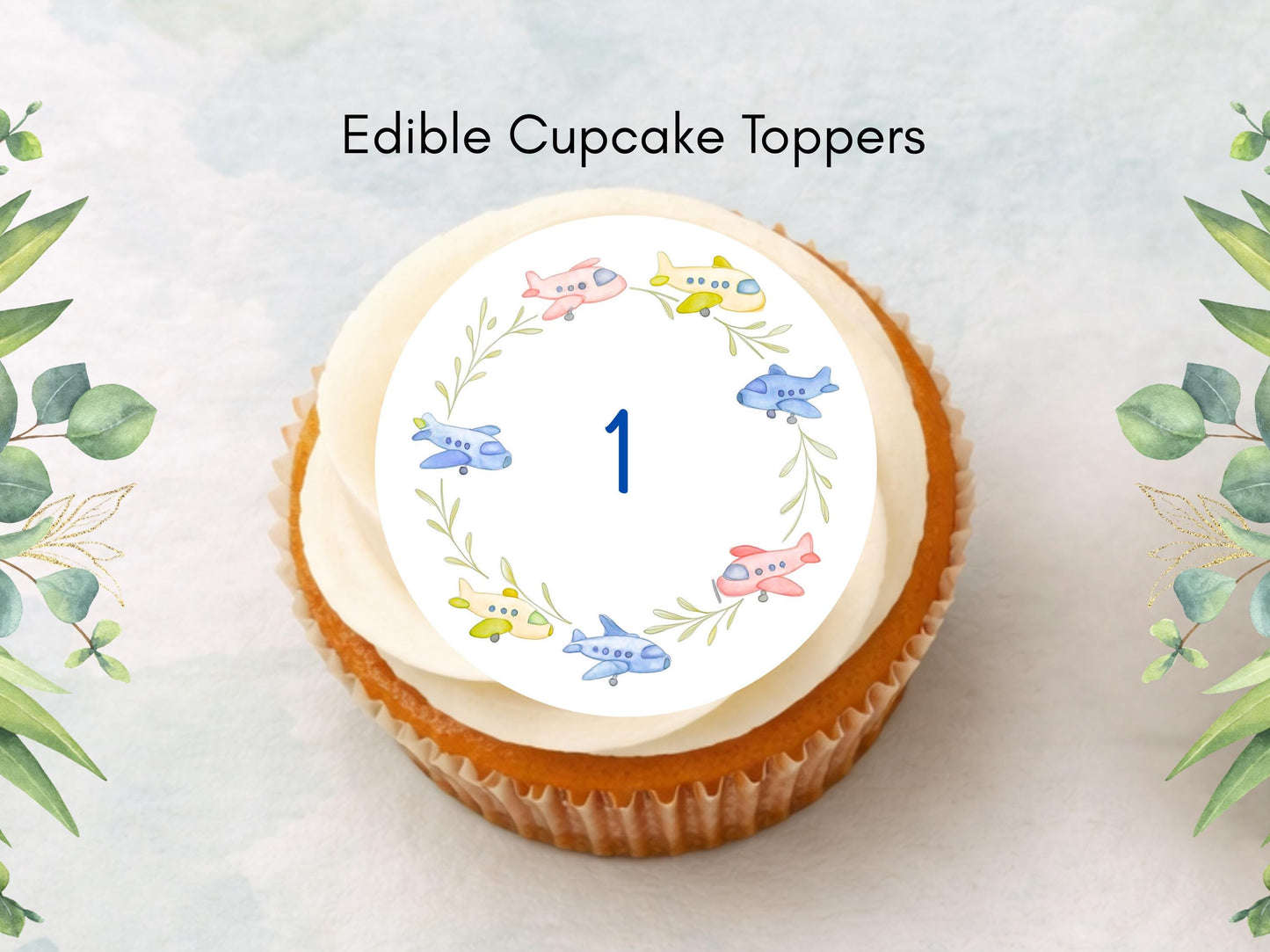 Custom Airplane Birthday Cupcake Toppers: Edible Wafer Paper, Card, or Icing sheet (12 x 2")