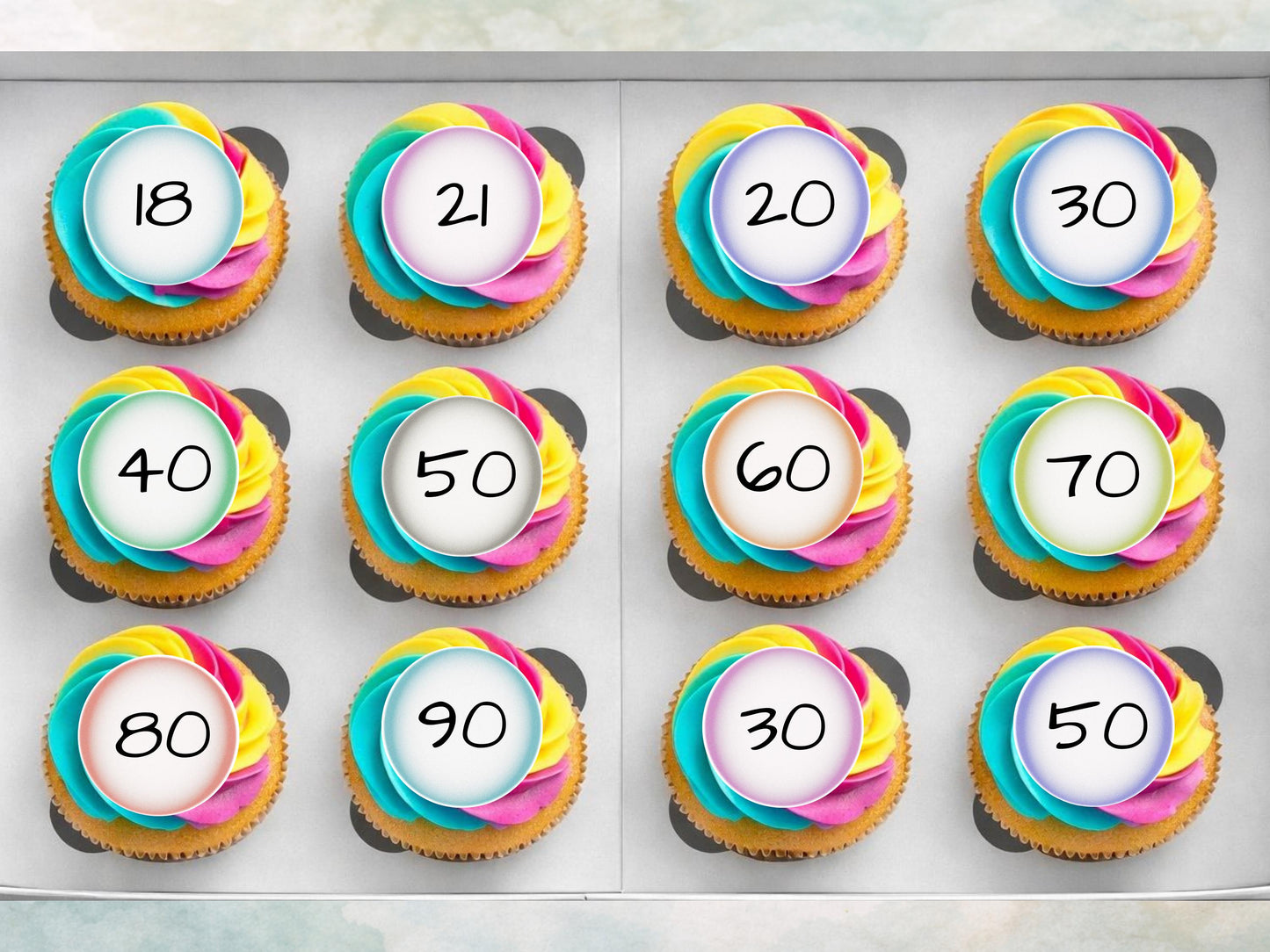 Milestone Age Edible Cupcake Toppers 12 x 2"– Pre cut Wafer Paper, Card or Icing Sheet, Customisable Birthday Celebration Cake Decorations