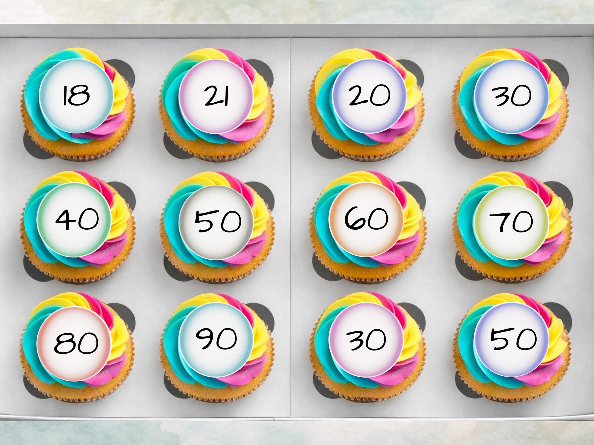 Milestone Age Edible Cupcake Toppers 12 x 2"– Pre cut Wafer Paper, Card or Icing Sheet, Customisable Birthday Celebration Cake Decorations