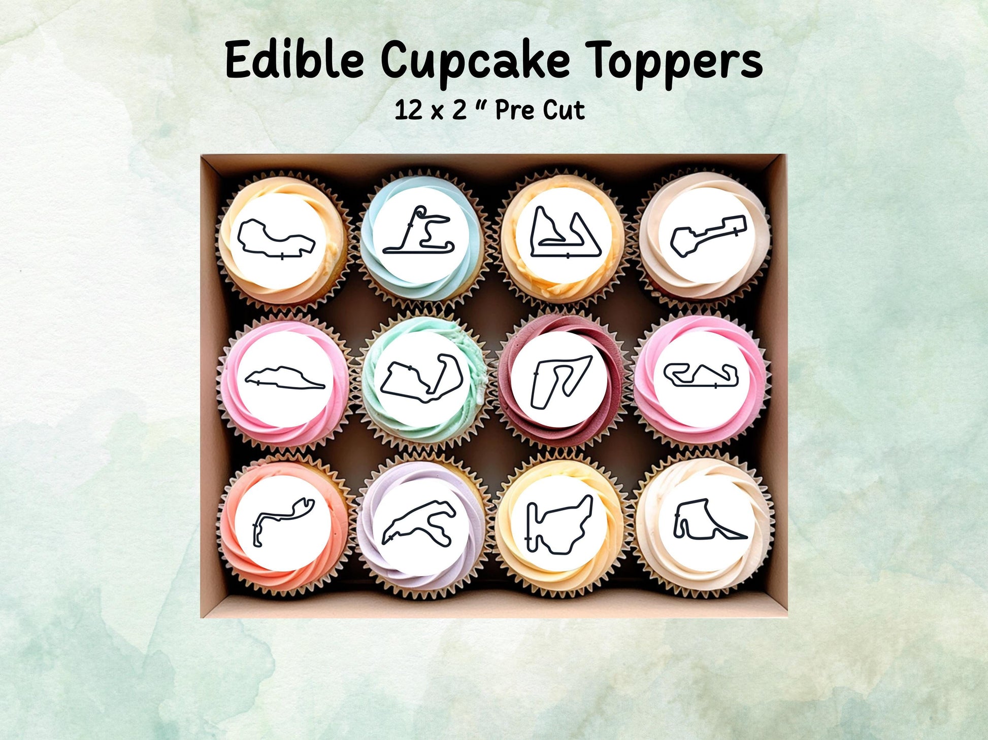 Racing Track Edible Cupcake Toppers – Race Car Party (Wafer Paper, Card or Icing Sheet)