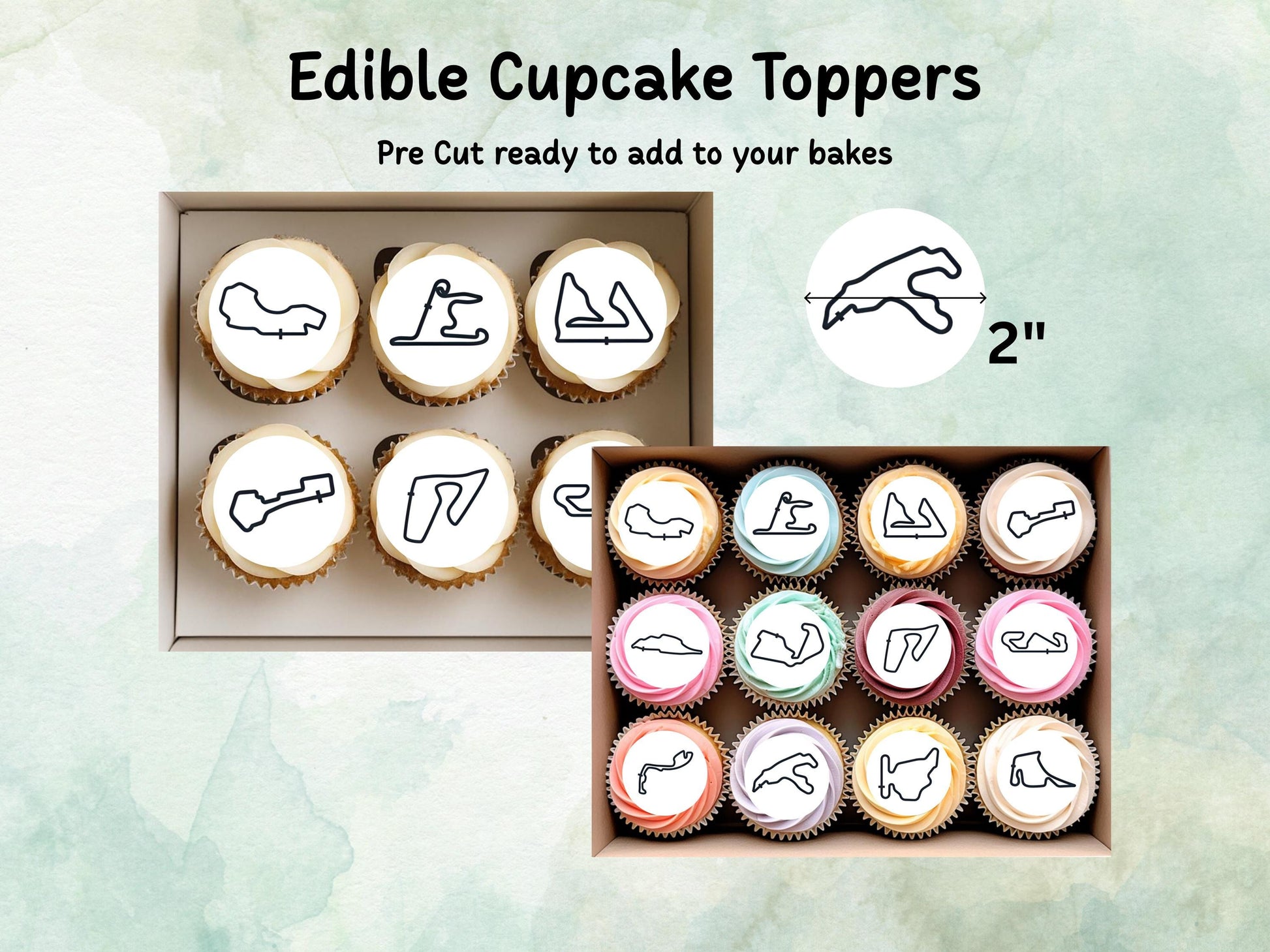 Racing Track Edible Cupcake Toppers – Race Car Party (Wafer Paper, Card or Icing Sheet)