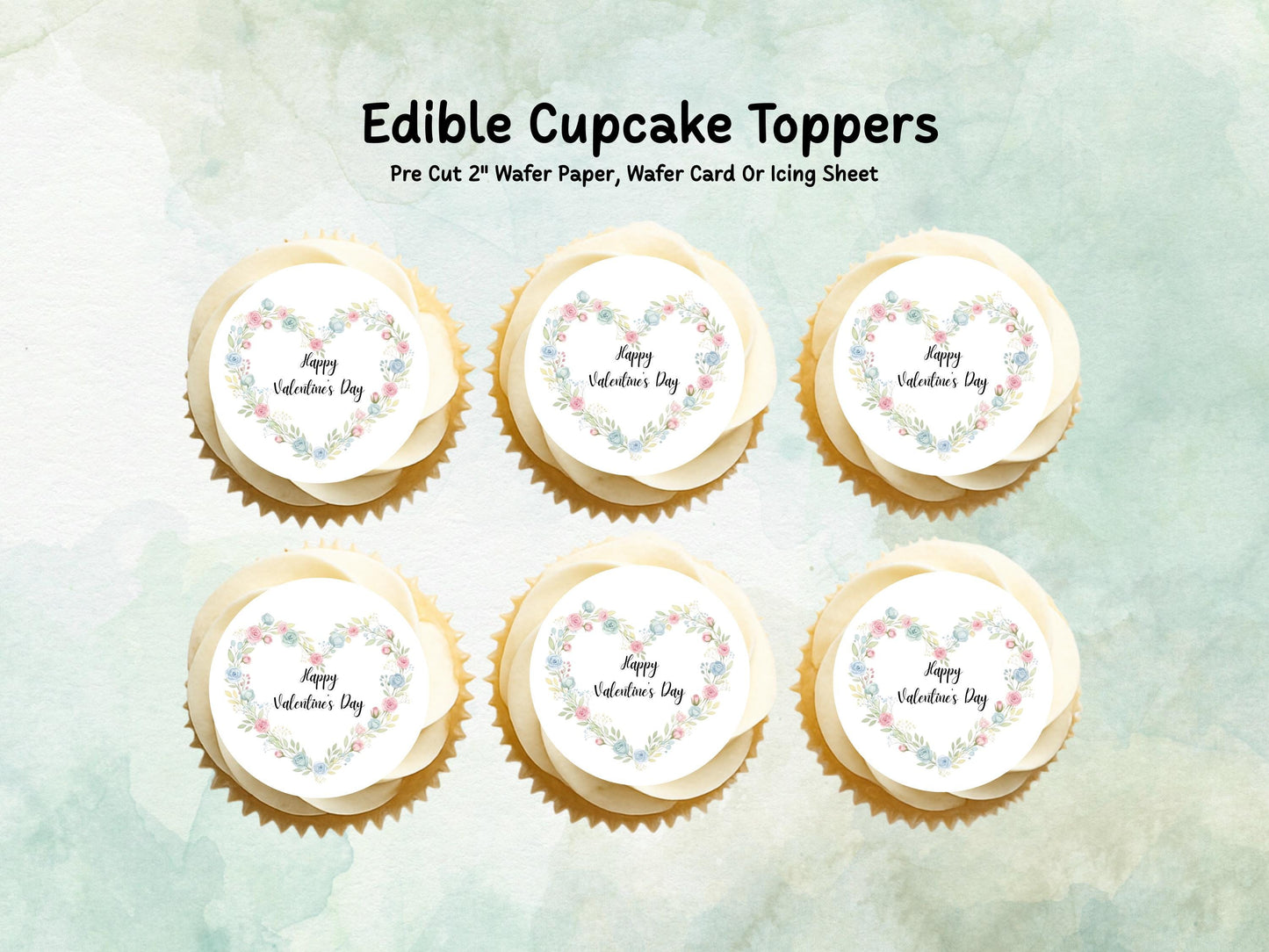 Happy Valentines Day Floral Heart Edible Cupcake Toppers 12 x 2"
