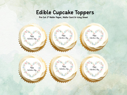 Happy Valentines Day Floral Heart Edible Cupcake Toppers 12 x 2"