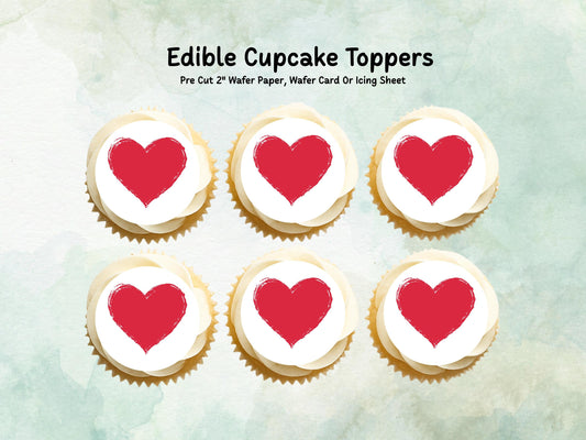 Love Heart Edible Cupcake Toppers 12 x 2", Valentines Cake Topper