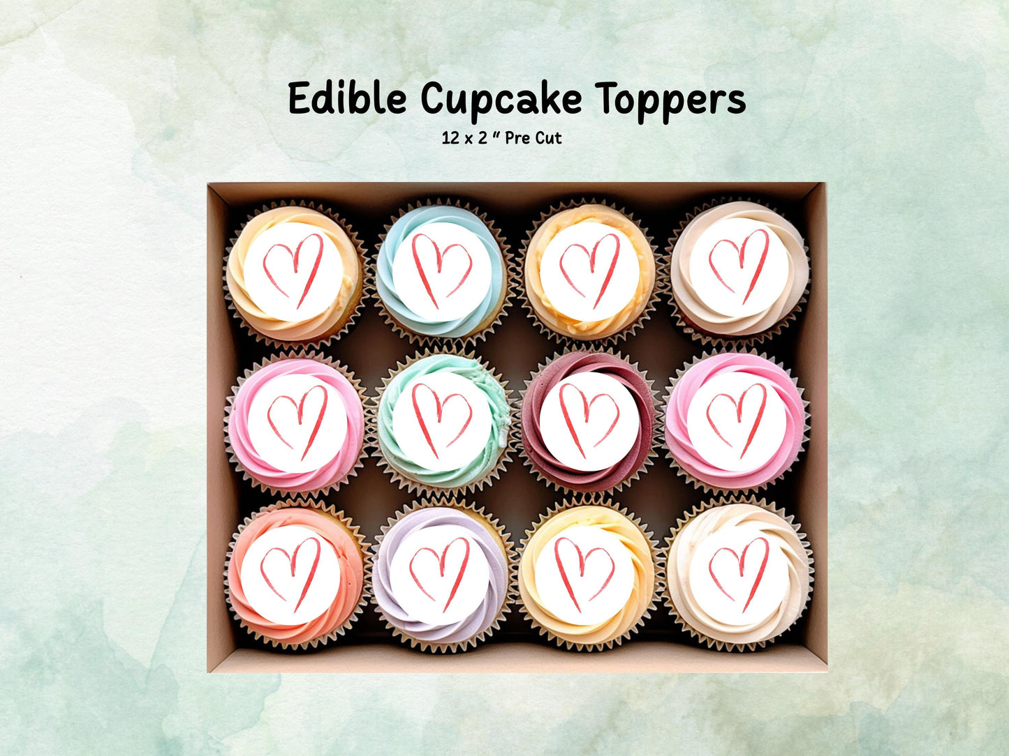 Love Heart Edible Cupcake Toppers 12 x 2", Valentines Cake Topper