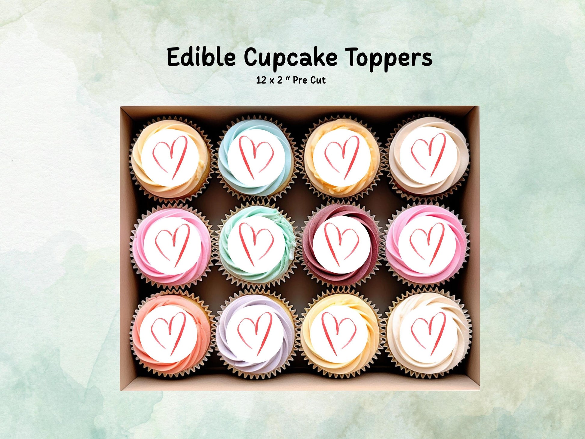 Love Heart Edible Cupcake Toppers 12 x 2", Valentines Cake Topper