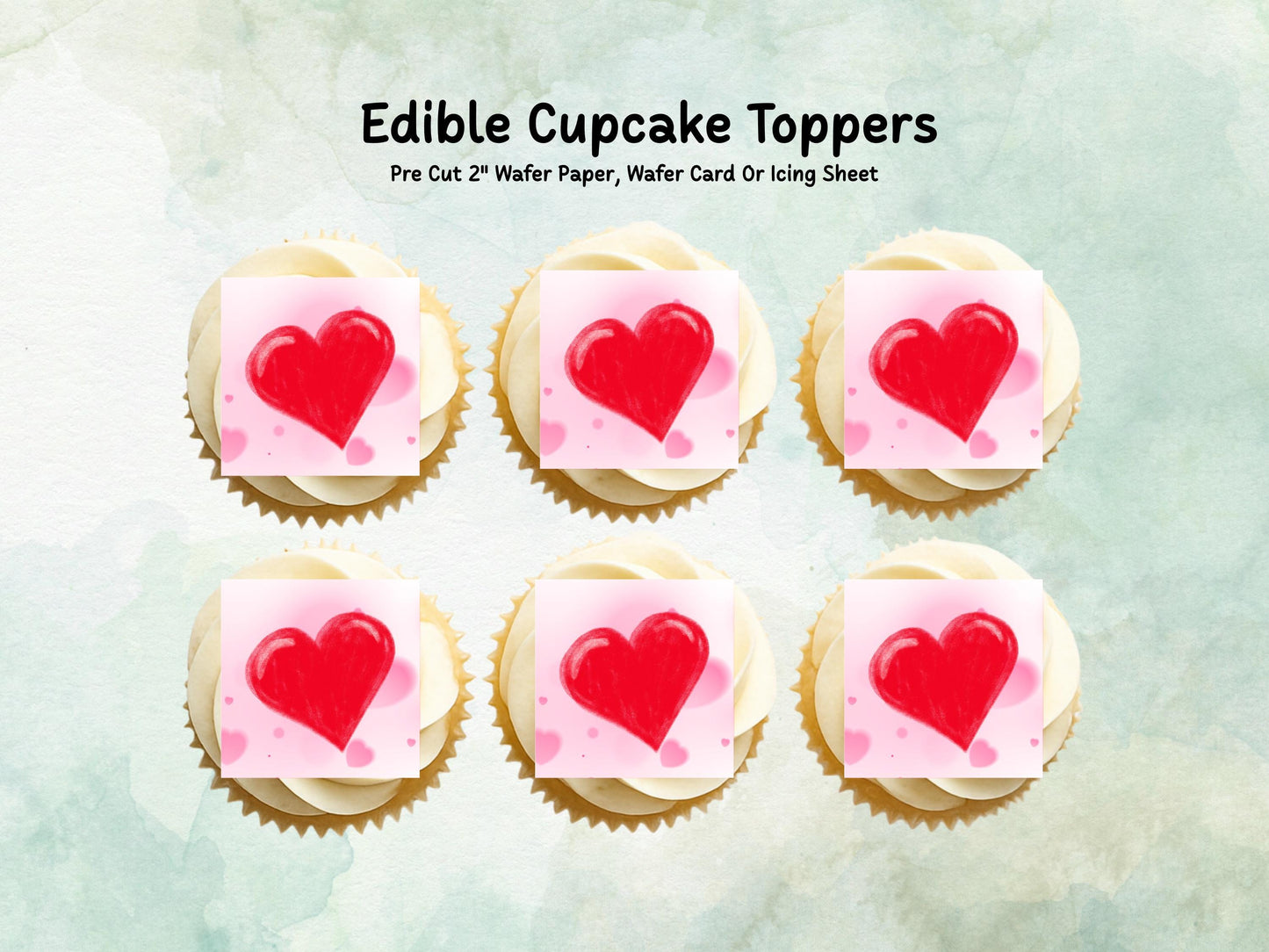 Love Heart Edible Cupcake Toppers 12 x 2" Squares, Valentines Cake Topper