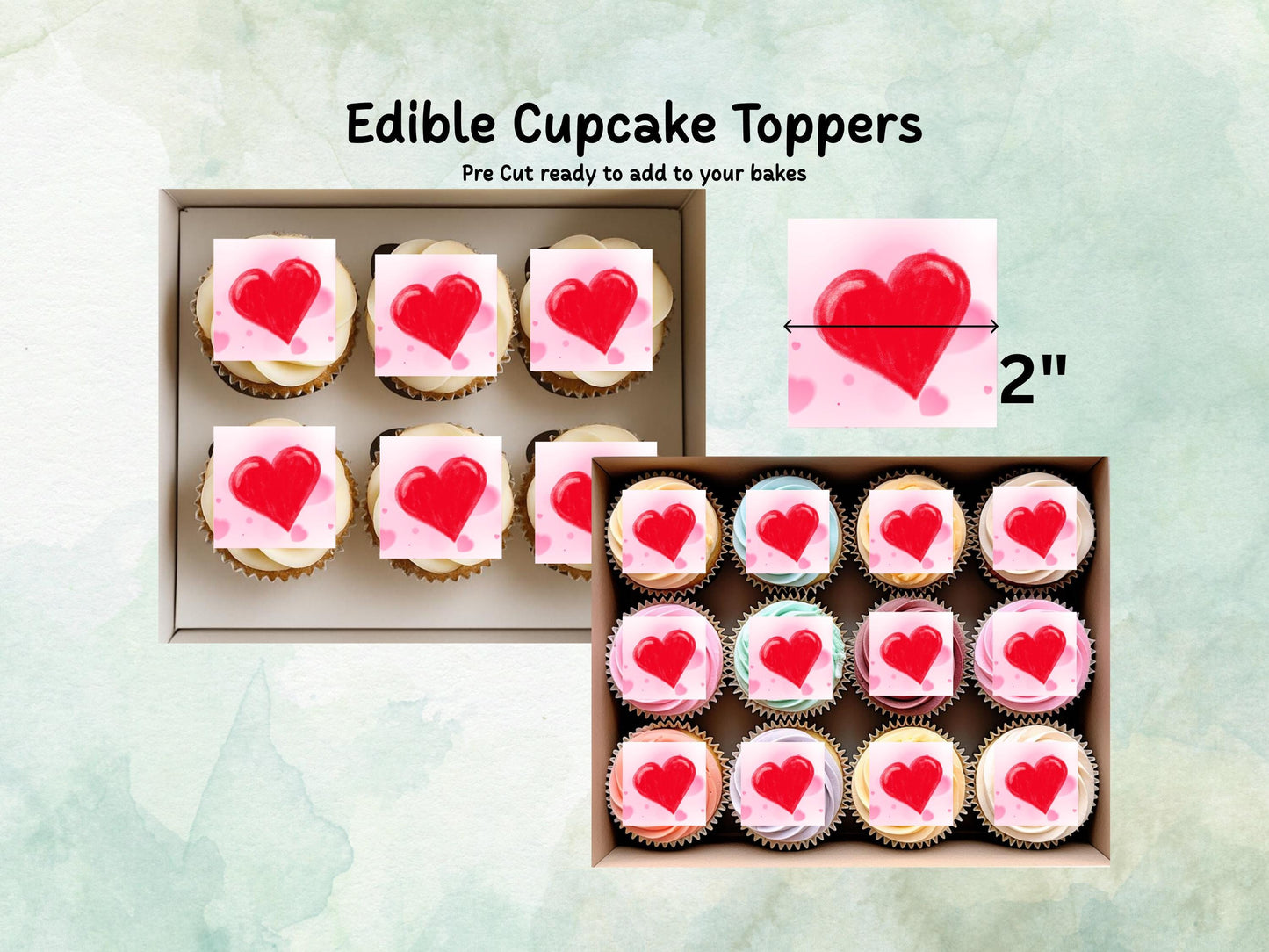 Love Heart Edible Cupcake Toppers 12 x 2" Squares, Valentines Cake Topper