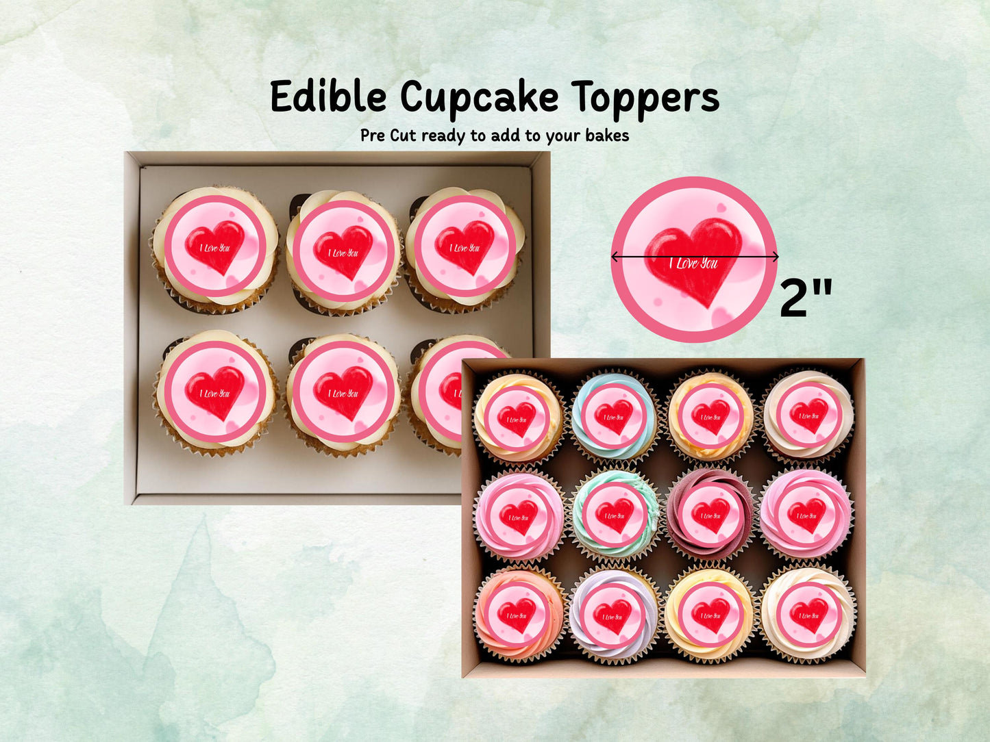 Heart Valentines Day Edible Cupcake Toppers, I Love You Valentine Toppers