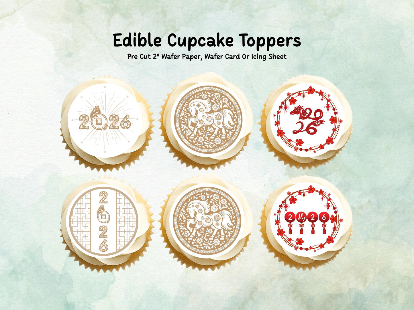 Chinese New Year Edible Cupcake Toppers 12 x 2" – Pre cut Wafer Paper, Card or Icing Sheet