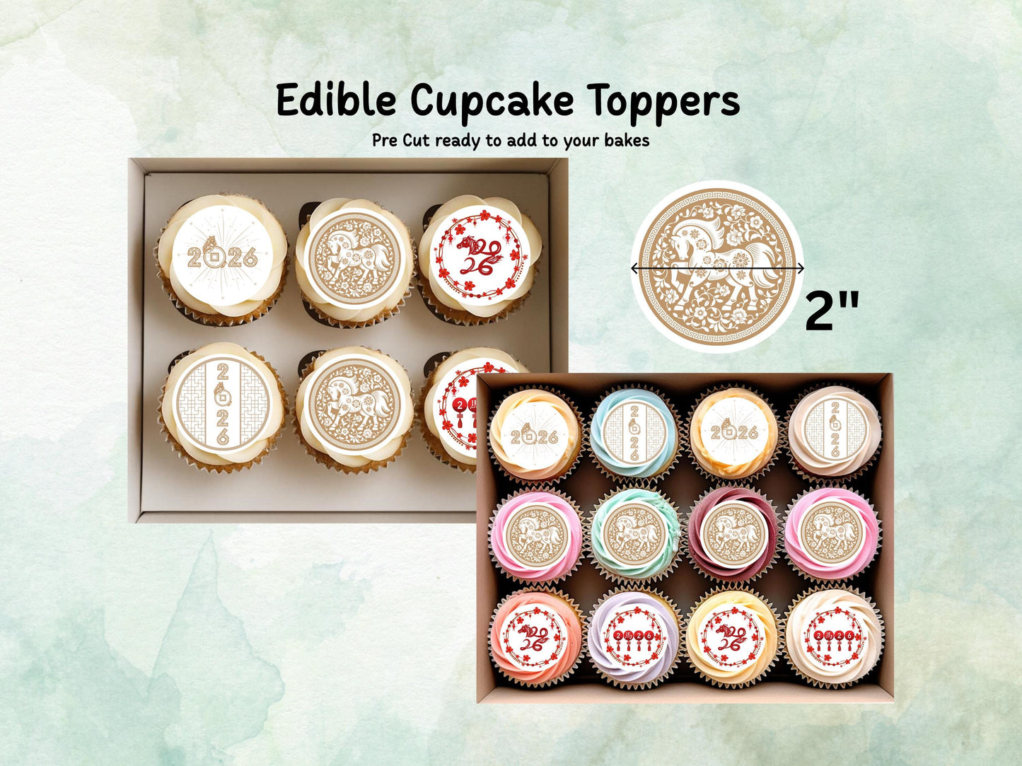 Chinese New Year Edible Cupcake Toppers 12 x 2" – Pre cut Wafer Paper, Card or Icing Sheet