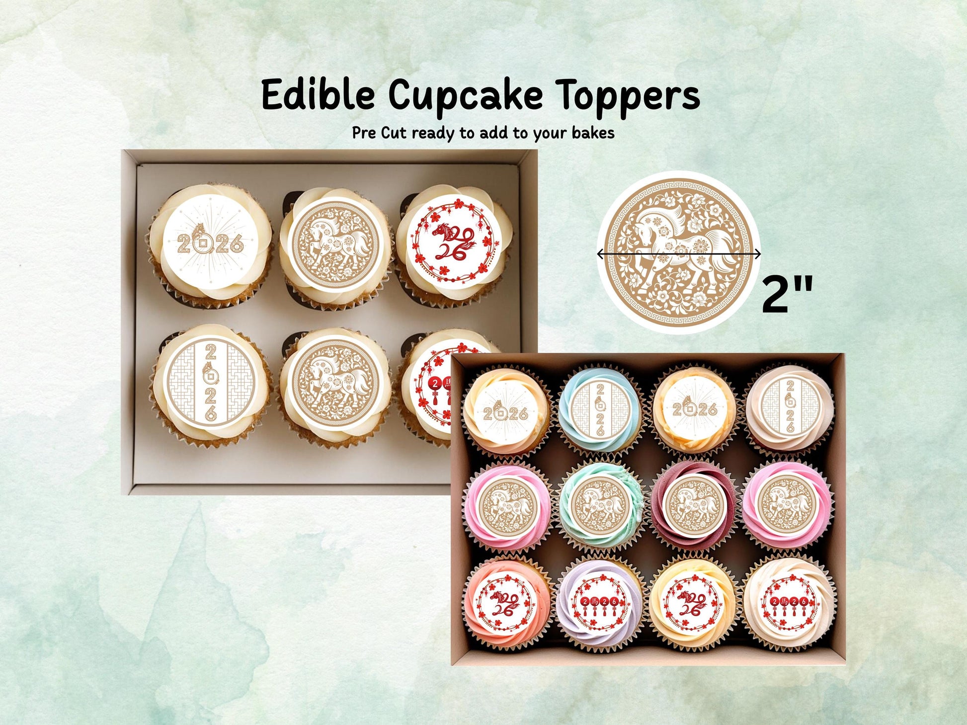 Chinese New Year Edible Cupcake Toppers 12 x 2" – Pre cut Wafer Paper, Card or Icing Sheet