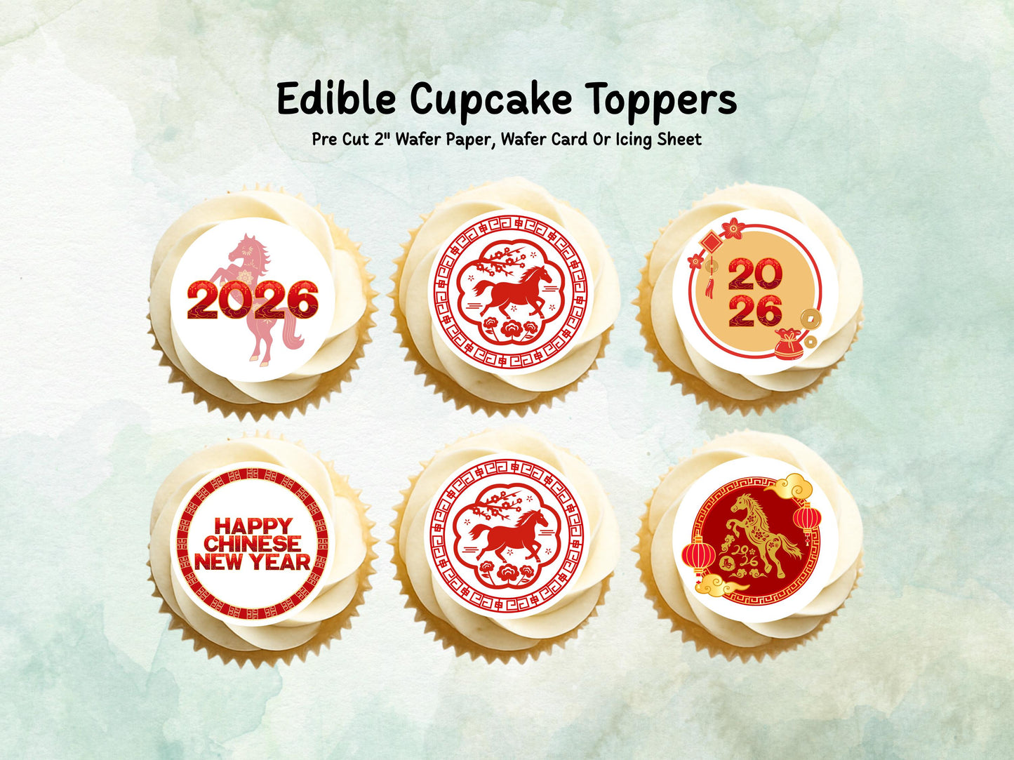 Chinese New Year Edible Cupcake Toppers 12 x 2" – Pre cut Wafer Paper, Card or Icing Sheet