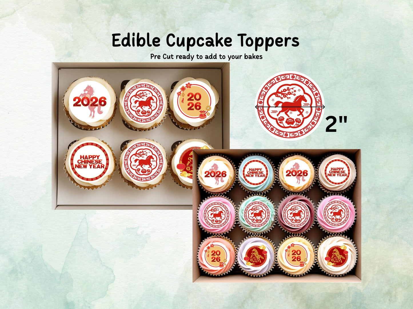 Chinese New Year Edible Cupcake Toppers 12 x 2" – Pre cut Wafer Paper, Card or Icing Sheet