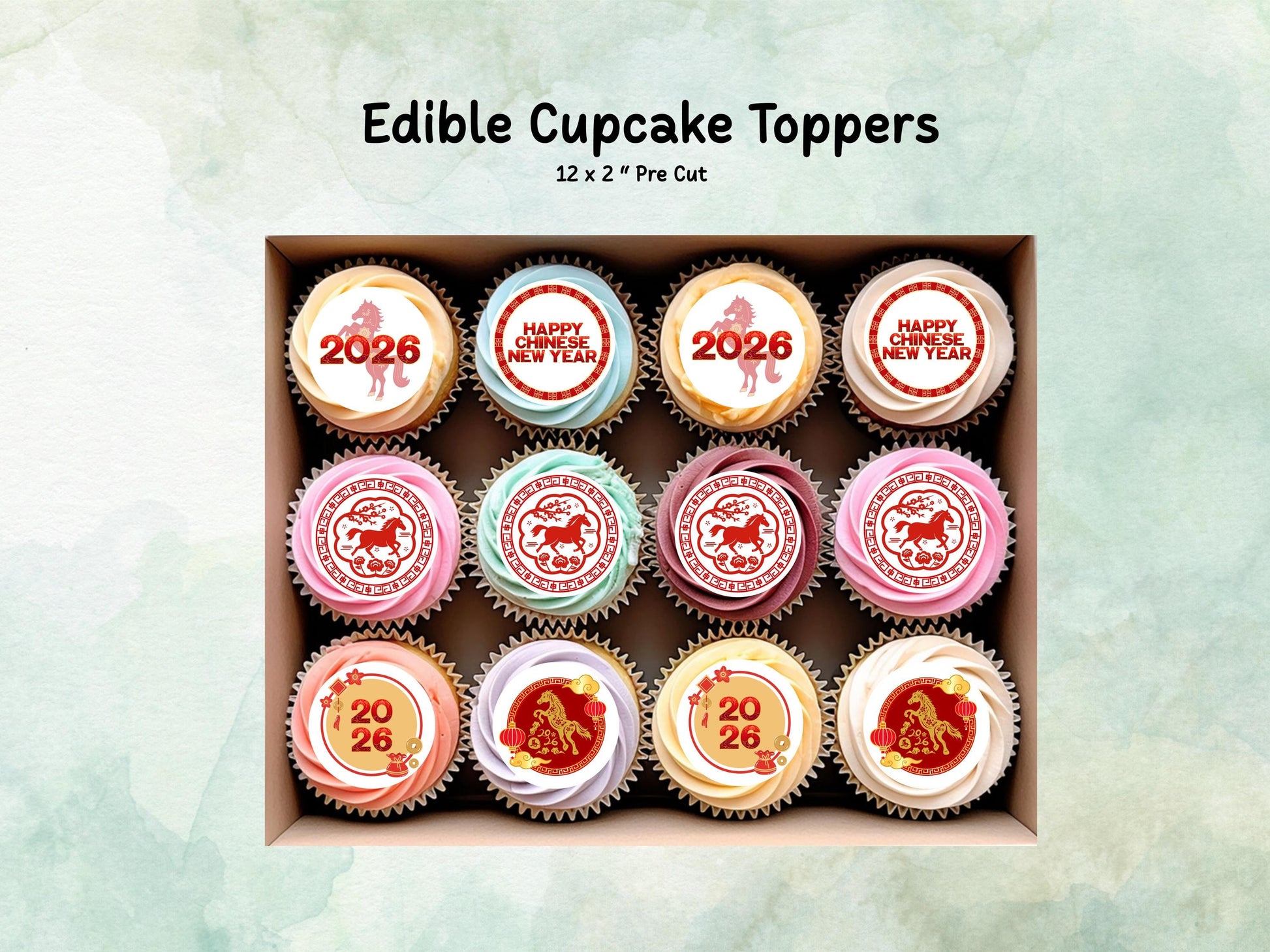 Chinese New Year Edible Cupcake Toppers 12 x 2" – Pre cut Wafer Paper, Card or Icing Sheet