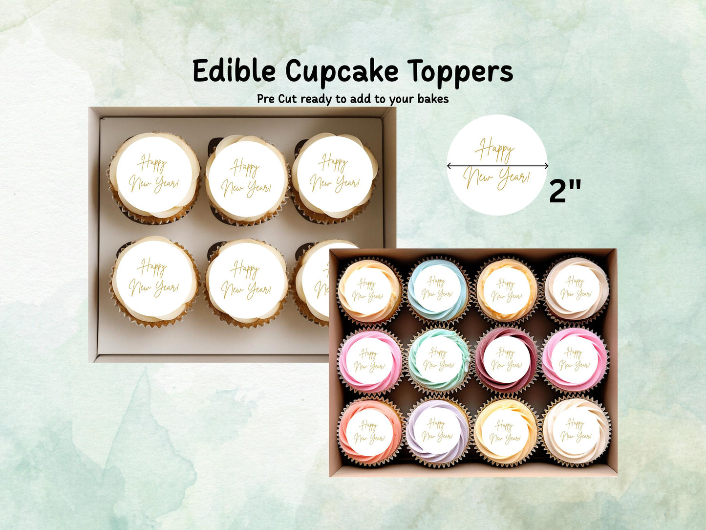 Happy New Year Edible Cupcake Toppers 12 x 2"– Pre cut Wafer Paper, Card or Icing Sheet