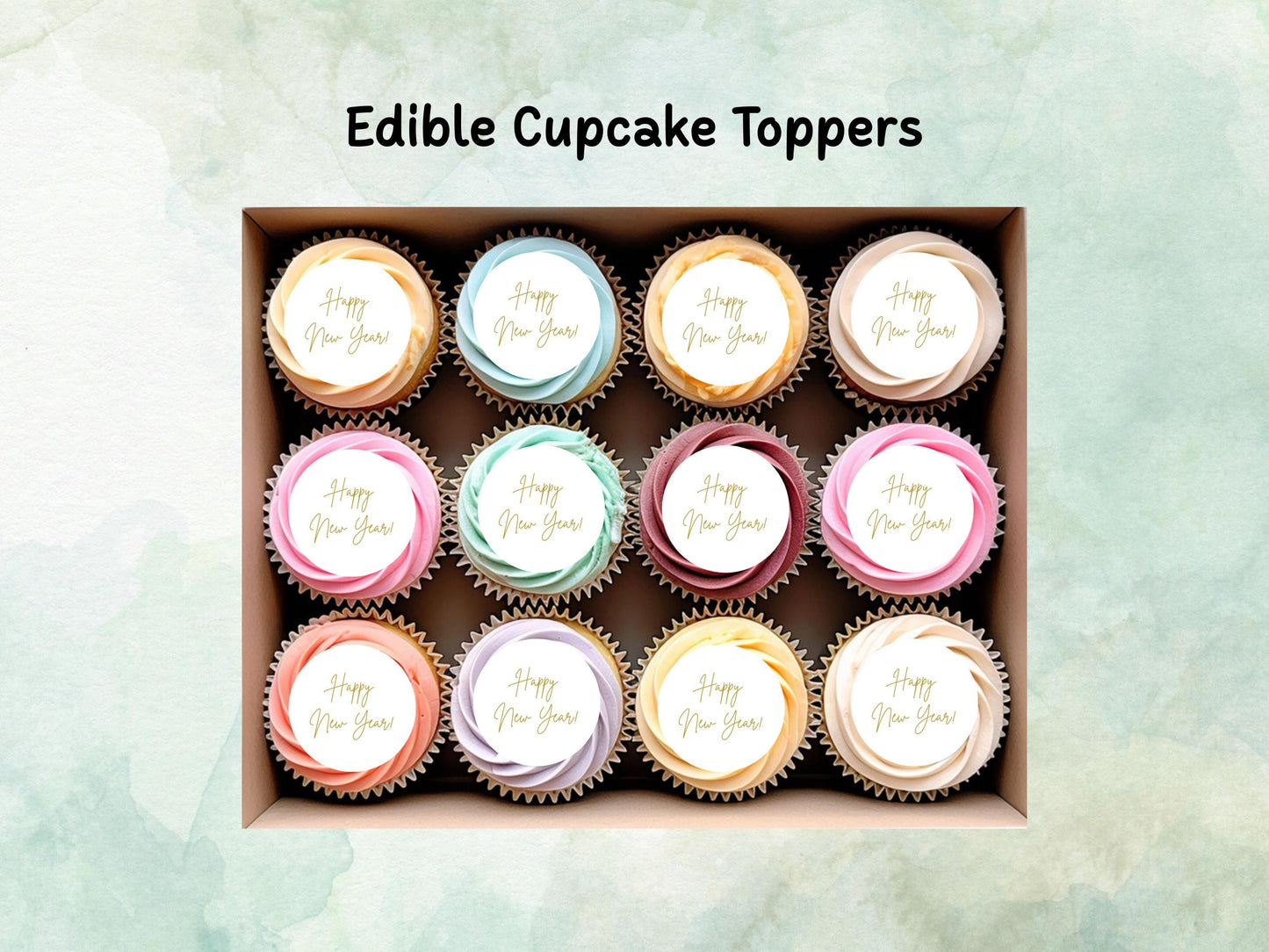 Happy New Year Edible Cupcake Toppers 12 x 2"– Pre cut Wafer Paper, Card or Icing Sheet