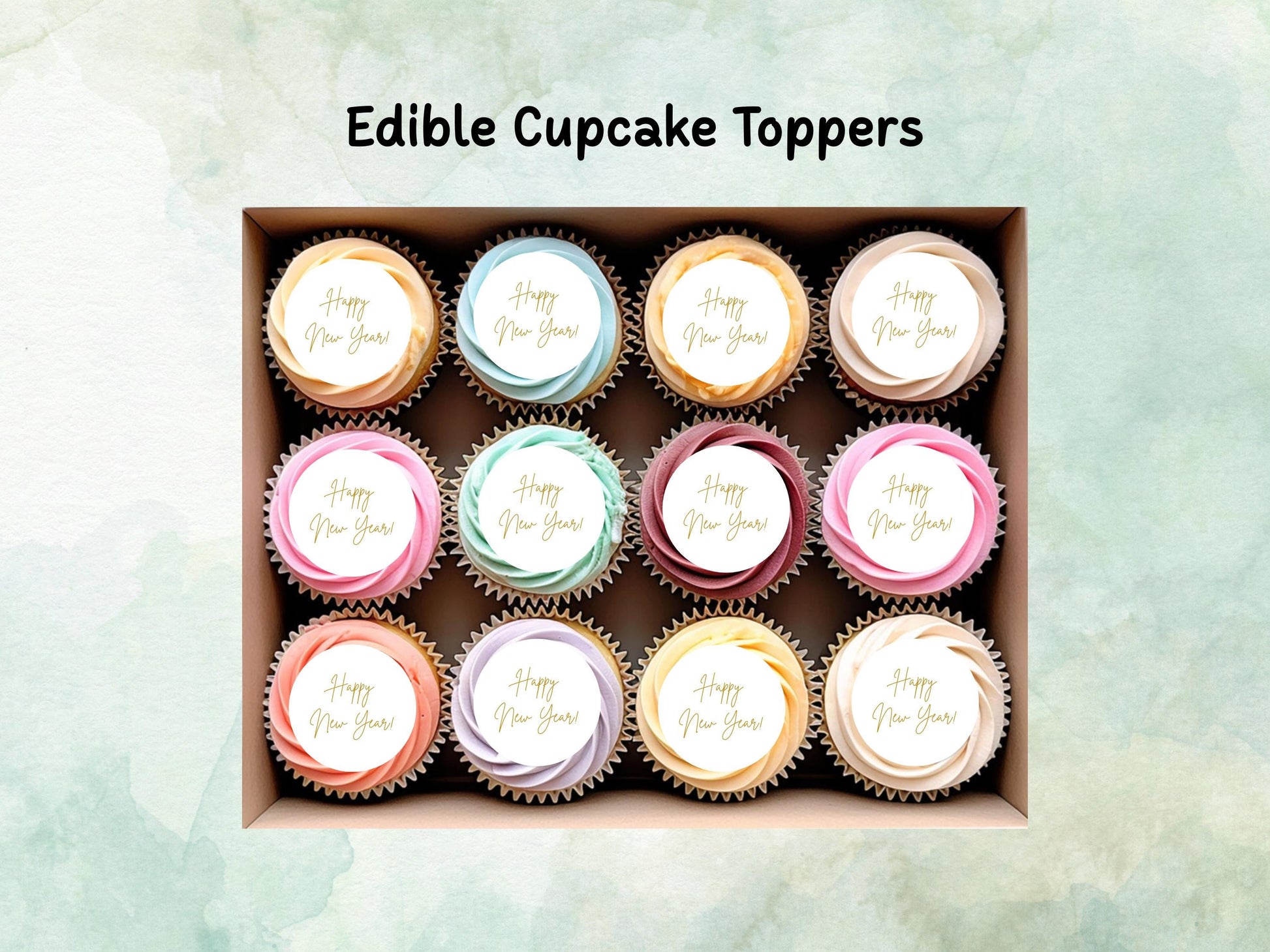 Happy New Year Edible Cupcake Toppers 12 x 2"– Pre cut Wafer Paper, Card or Icing Sheet