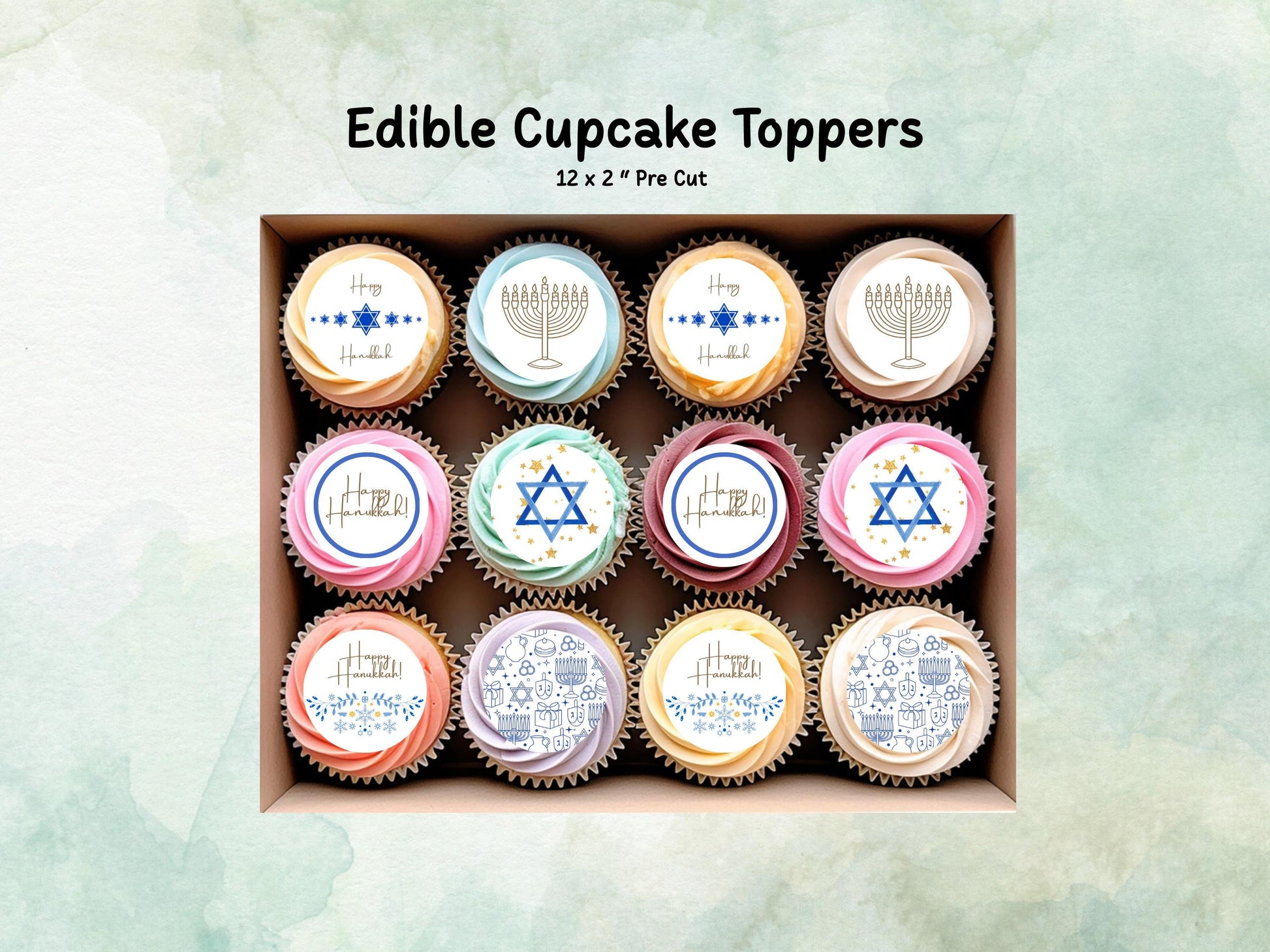 Happy Hanukkah Edible Cupcake Toppers 12 x 2" – Pre cut Wafer Paper, Card or Icing Sheet, Hanukkah Cake Decorations