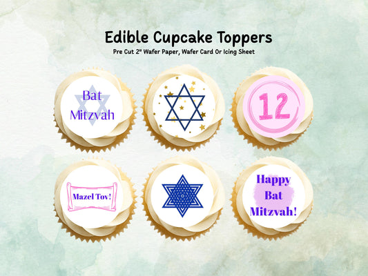 Bat Mitzvah Edible Cupcake Toppers 12 x 2"– Pre cut Wafer Paper, Card or Icing Sheet